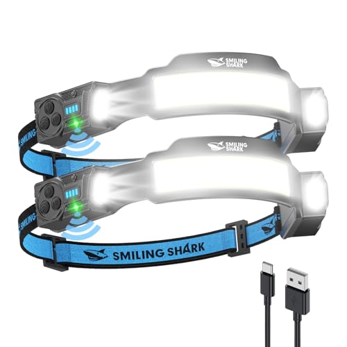 Smiling Shark TS-4 Headlamp, Dual Spotlight with 4X Floodlight & Strobe LED Head Torch Rechargeable 2400mAh Long-Lasting Hands-Free Design for Camping Hiking Running Jogging (2 Pack) - style: 2 PACK