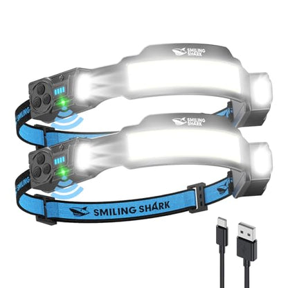 Smiling Shark TS-4 Headlamp, Dual Spotlight with 4X Floodlight & Strobe LED Head Torch Rechargeable 2400mAh Long-Lasting Hands-Free Design for Camping Hiking Running Jogging (2 Pack) - style: 2 PACK