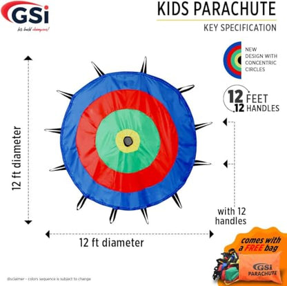 GSi Kids Rainbow Parachute 6 ft to 35 ft for School & Gym Class - size: Round 12 Feet