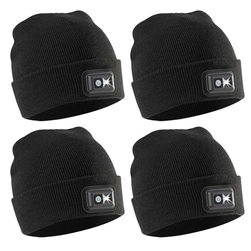 POWERCAP LED Hat Light 150 Lumens Rechargeable Fleece Beanie with Bright Built-in Headlamp Waterproof LED Warm One Size Cap - color: Knit Black 4-pack