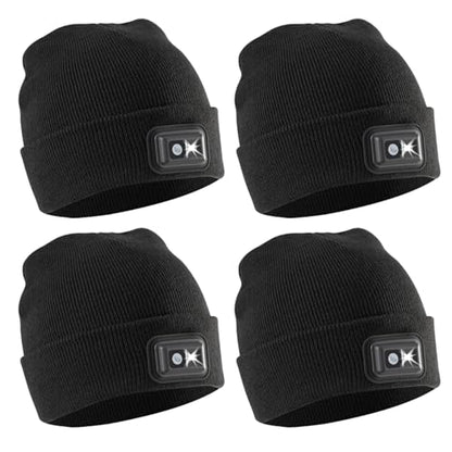 POWERCAP LED Hat Light 150 Lumens Rechargeable Fleece Beanie with Bright Built-in Headlamp Waterproof LED Warm One Size Cap - color: Knit Black 4-pack