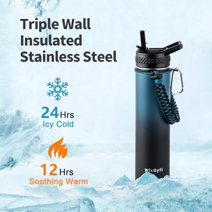 WixByti 24 oz Insulated Water Bottle with Straw, Stainless Steel Water Jug - color: Blue/Black Gradient, size: 24 Ounces