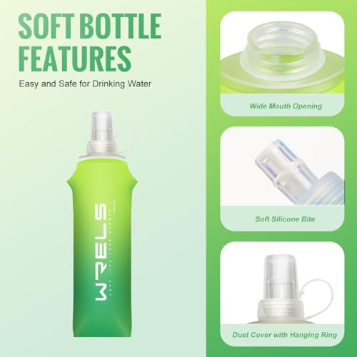WRELS TPU Soft Flask Lightweight Portable Reusable Water Bottle,BPA Free Collapsible Flask for Hydration Pack in Running Hiking Cycling and Marathon - color: Mix Green-250ml *2