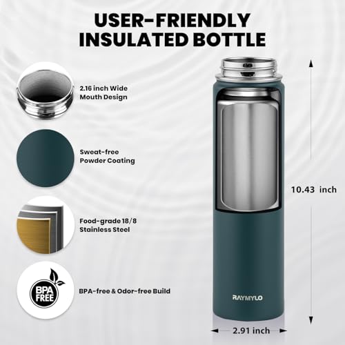 RAYMYLO Insulated Water Bottle 24 oz, Triple Wall Vacuum Stainless Steel - color: Dark Green, size: 24 Ounces