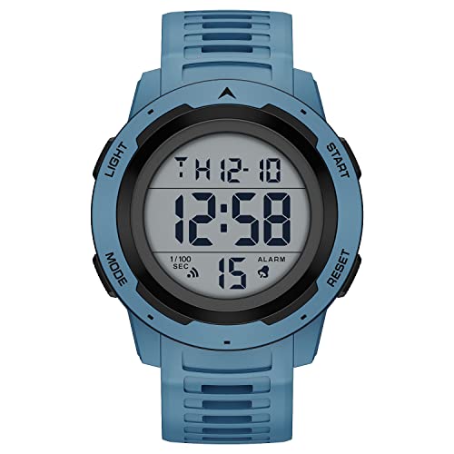 GOLDEN HOUR Mens Waterproof Digital Sport Watches Wide Screen Easy Read Display Military Style with Rubber Strap - color: blue