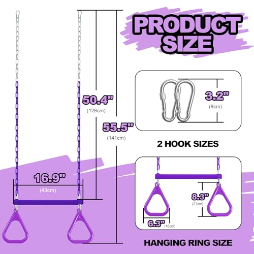 Duty Ring Trapeze Bar for Backyard-16.5" Trapeze Swing Bar- Swingset Accessories Outdoor with 47" Coated Chains 2 Snap Hooks (AB010004-3)