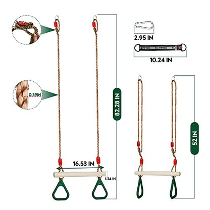 Trapeze Swing Bar with Rings, Wooden Trapeze Swing Bar for Indoor/Outdoor - color: Green