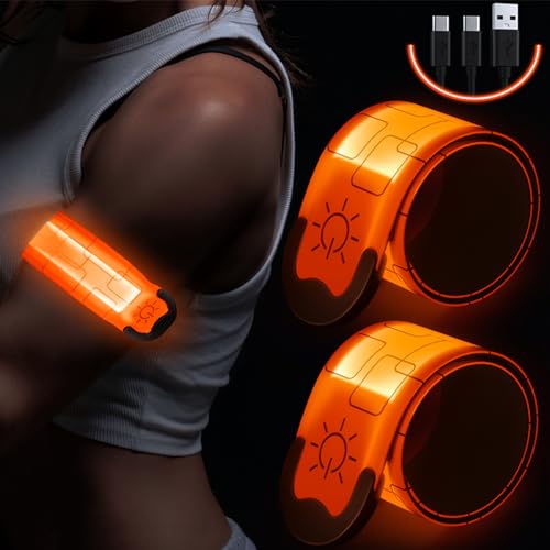 Simket LED Armband Rechargeable for Running(2 Pack), Running Lights for Runners, Running Lights, High Visibility Reflective Running Gear Adjustable Light Up Arm Bands for Men Women Kids - color: orange