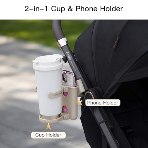 Gromast 2 in 1 Foldable Stroller Cup Holder + Phone Holder, 360°Rotatable with Adjustable Clip, Universal Cup Holder for Baby Stroller, Tricycle - Khaki - color: Khaki-2-in-1