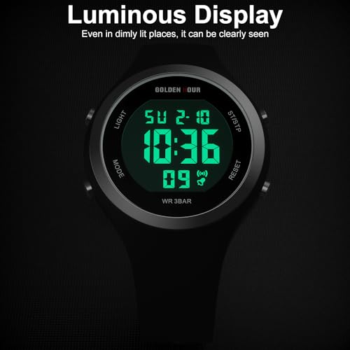 GOLDEN HOUR Waterproof Sport Women's Digital Chronograph Silicone Strap Watch - color: Silver Black