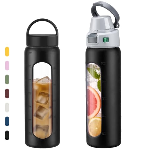 MUKOKO 24oz Glass Water Bottle with Straw, 2 Lids-Staw Lid and Screw Handle Lid, Reusable Drinking Bottle with Time Marker for Sports and Home, Black - color: Black, size: 24 Ounces