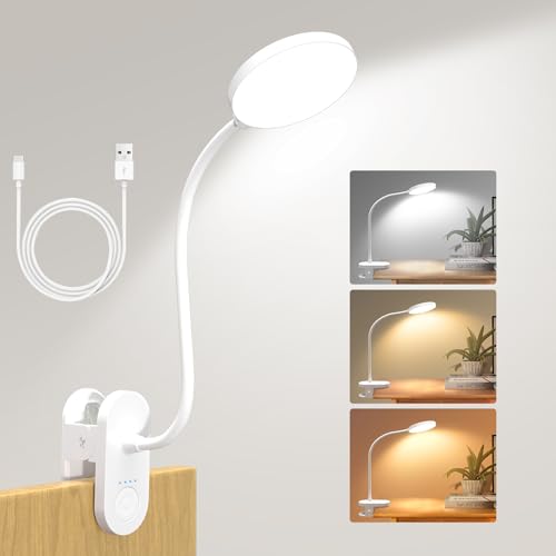 Rechargeable Desk Lamp with Clamp, 97 LED Bright Clip on Light with 3 Color & 10 Brightness, Cordless Desk Light for Home Office Bed Book Reading Crafting Sewing Drawing Knitting Puzzle (White/4.7'') - color: White, size: 4.7''