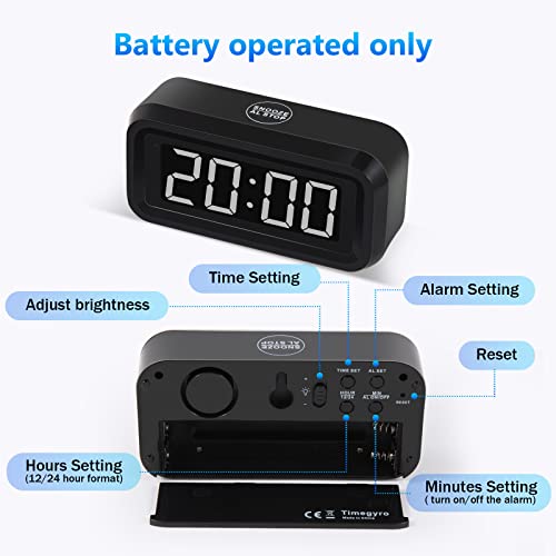 Digital Alarm Clock Battery Operated with LED Display for Bedrooms, Long Battery Life for 12 Months, 3 Brightness Adjustable, 12/24 Hour, Snooze, Black Case with White Digits - color: Black-white