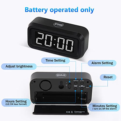 Digital Alarm Clock Battery Operated with LED Display for Bedrooms, Long Battery Life for 12 Months, 3 Brightness Adjustable, 12/24 Hour, Snooze, Black Case with White Digits - color: Black-white