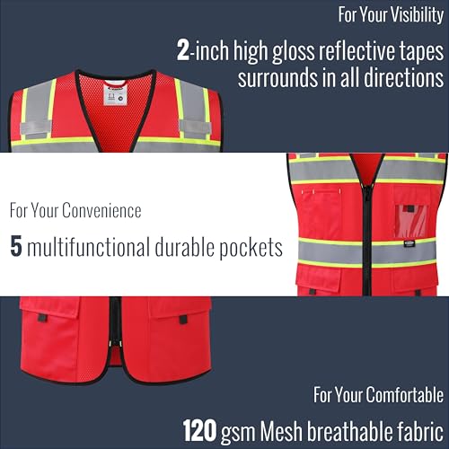 JKSafety Safety Vest for Men Women Hi Vis Relfective Vest with Pockets High Visibility Meet ANSI Standard - color: 331-red, size: Medium