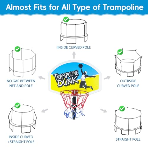 Trampoline Basketball Hoop, Universal Trampoline Accessories, Fits Straight Pole & Curved Pole, Upgraded Basketball Hoop for Trampoline with 2 Mini Ball, Pump and Protective Net