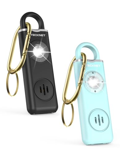 TECKNET Rechargeable Personal Safety Alarm for Women, 2-Pack 130dB Personal Alarm with SOS Strobe Light, Low Battery Notice, Keychain Alarms Loud Siren for Girls Kids Elderly - color: 1 Black & 1 Blue