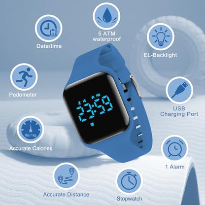 Kids Watches for Girls Boys Digital Sport Watch with Step Counter Pedometer Vibration Alarm Clock, No App Waterproof Fitness Tracker Kids Watch Boys Girls Teens Students Ages 5-16 - color: 026-E-SeaBlue