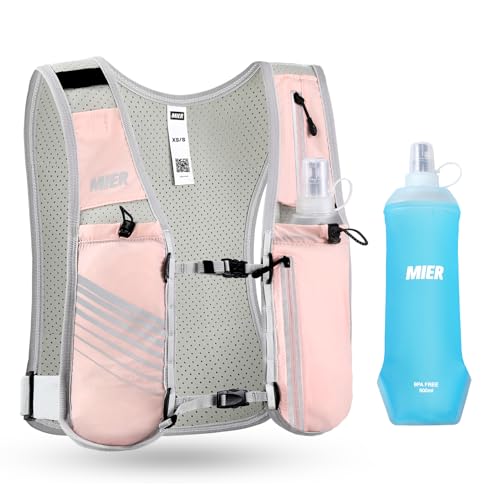 MIER Reflective Running Vest for Men Women with 500ml Soft Hydration Flask - color: Pink, size: XSmall/Small
