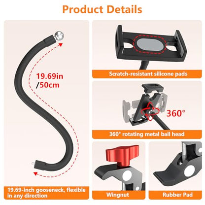 Gooseneck Tablet Holder, 19.69in Metal Crab Clamp iPad Mount for Stroller/Treadmill/Golf Cart/Boat/Mic Stand/Gym Bicycle Handlebar Clamp/Desk, Compatible with 4-13" iPad Pro/Air/Mini, iPhone, E-book