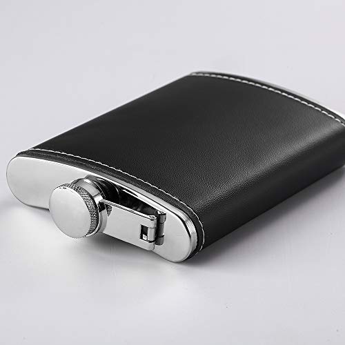 1 Pack Flask for Liquor and Funnel, Premium 8 Oz Leak Proof 18/8 Stainless Steel Pocket Hip Flask with Black Leather Cover, Great Gift Idea