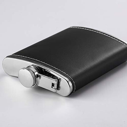 1 Pack Flask for Liquor and Funnel, Premium 8 Oz Leak Proof 18/8 Stainless Steel Pocket Hip Flask with Black Leather Cover, Great Gift Idea