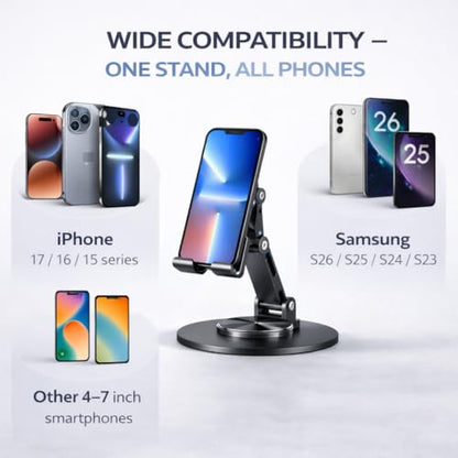 Mizi Universal Metal Phone Stand - 360°/720° Adjustable Rotation Desk Holder, Foldable & Stable with Non-Slip Weighted Base, Compatible with iPhone 17/16/15/14/13/12 Pro Max & All Smartphones - Grey - size: K73