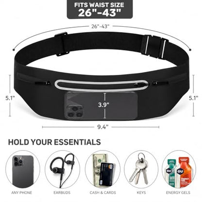Slim No-Bounce Running Belt - Waterproof Exercise Waist Pack for Marathons, Hiking & Dog Walking - Hidden Travel Money Belt for Phones - color: Black