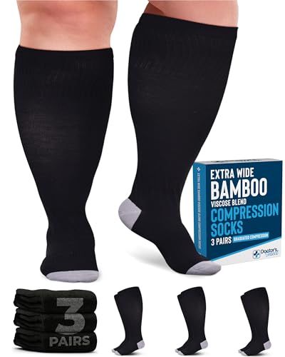 Doctor's Select® 3 Pairs Plus Size Compression Socks Wide Calf - Bamboo Viscose Knee High Socks | Circulation Support - color: 01 - Black - 3 Pairs, size: X-Large
