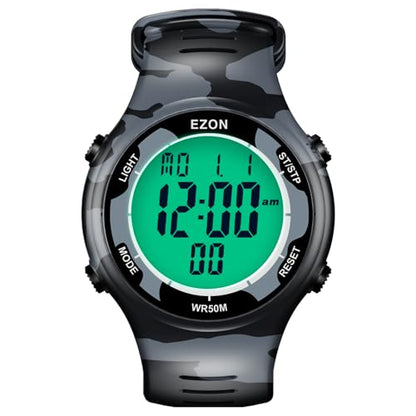 EZON Digital Watch with Stopwatch Countdown Timer Alarm EL Backlight,Ultra-Thin Large Display 5ATM Waterproof Digital Wrist Watches for Men Women - color: Camouflage Blue