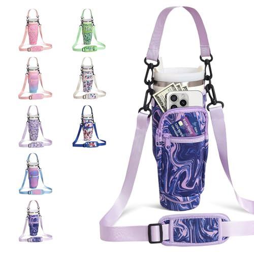 DLOCCOLD Water Bottle Carrier Bag with Phone Pocket for 40 oz Tumbler, Water Bottle Holder with Adjustable Shoulder & Handheld Strap, Carrier Sling Bag for Water Bottle Walking Camping Travelling - color: Purple Ripple