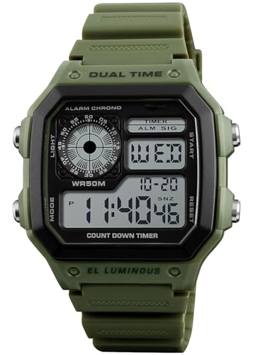PASOY Men's Digital Sport Watch Waterproof Dual Time Stopwatch Countdown - color: Rubber/Green