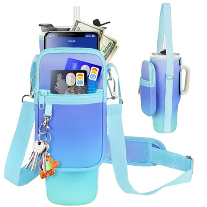LEFOR·Z Water Bottle Carrier Bag with Phone Pocket Compatible with Stanley/Meoky 40 oz Tumbler with Handle,Water Bottle Holder Pouch with Adjustable Strap Compatible with Stanley Cup Accessories - color: Blue Gradient-Style B