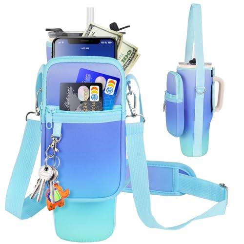 LEFOR·Z Water Bottle Carrier Bag with Phone Pocket Compatible with Stanley/Meoky 40 oz Tumbler with Handle,Water Bottle Holder Pouch with Adjustable Strap Compatible with Stanley Cup Accessories - color: Blue Gradient-Style B