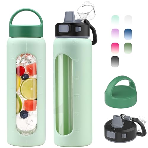 Kodrine 24oz Glass Water Bottle With Straw and 2 Lids, Light Green - color: Light Green, size: 24 Ounces