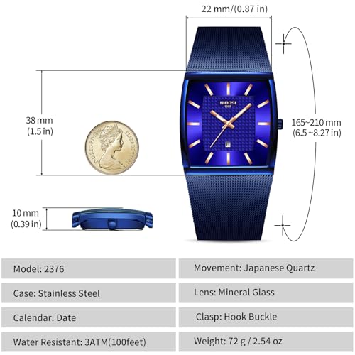 NIBOSI Men's Analog Watch, Square Dial Mesh Strap, Date Display - color: 2376-Blue