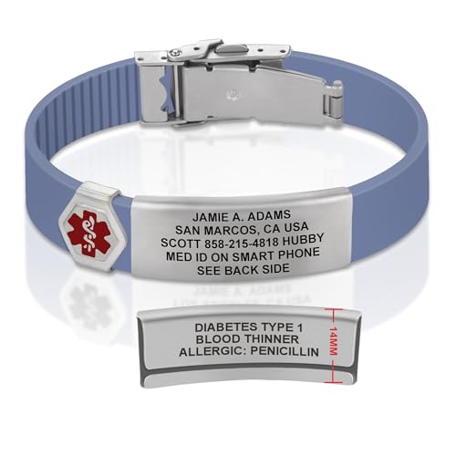 Divoti Custom Dual-Sided Engraved Silicone Medical Alert ID Wristband w/Security Clasp & Trim-to-Fit Band - Style - color: Carmella Blue / Brushed Stainless Silver / Red, size: Band Width - 13mm