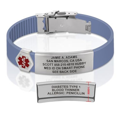 Divoti Custom Dual-Sided Engraved Silicone Medical Alert ID Wristband w/Security Clasp & Trim-to-Fit Band - Style - color: Carmella Blue / Brushed Stainless Silver / Red, size: Band Width - 13mm
