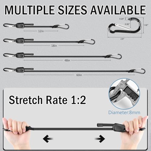 Adjustable Bungee Cords with Hooks 18 Inch, 8 Pcs Adjust from 7" to 18" Carabiner Bungee Cords Heavy Duty Outdoor for Camping, Cargo, Bike,Tarps, Tents, Bike, Luggage, Boats,etc - size: 18 Inch