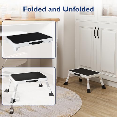 BONTEC Folding Step Stool, 3-Level Adjustable Metal Step Stool, 330lbs - color: White
