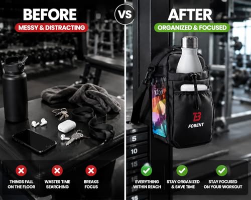 Compact Gym Organizer Bag with Phone Pocket & Bottle Holder, Magnetic Back for Flat Metal Surfaces, Gym Essentials Bag for Keys, Towel, Straps, Earbuds & Workout Accessories