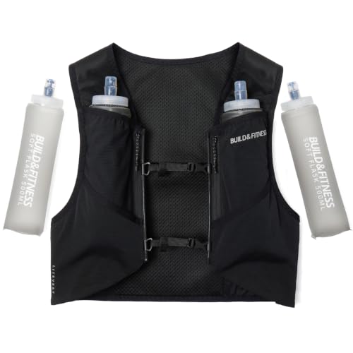 Build & Fitness LITEVEST Running Vest with 2X 500ml Soft Flasks – 7 Pockets, Lightweight, Breathable Hydration Vest – Premium, Secure, Comfort & Style for Training, Trails, Marathons & Everyday Runs - size: XS / S