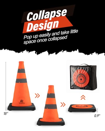 RoadHero 5 Pack 18 Inch Collapsible Traffic Cones with Black Base - size: 18 Inch