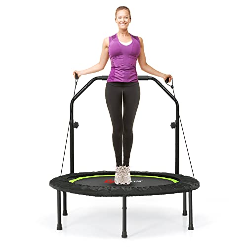 Goplus 40” Folding Fitness Trampoline, Portable Mini Exercise Rebounder 4-Level Height Adjustable Safety Handrail, 2 Resistance Bands, Indoor Outdoor Workout Trampoline for Adults Kids (Green)