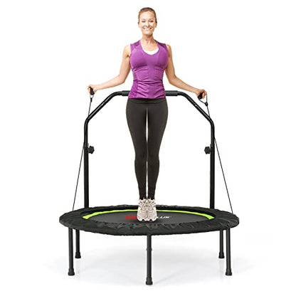 Goplus 40” Folding Fitness Trampoline, Portable Mini Exercise Rebounder 4-Level Height Adjustable Safety Handrail, 2 Resistance Bands, Indoor Outdoor Workout Trampoline for Adults Kids (Green)