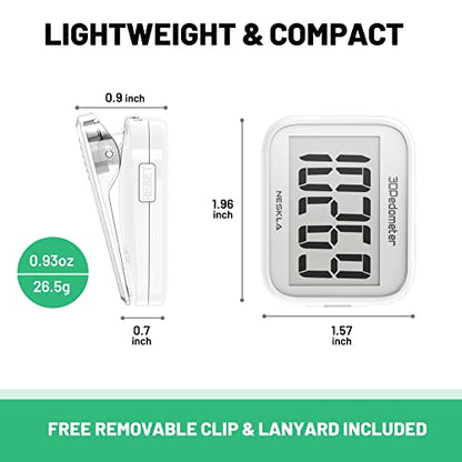 NESKLA 3D Pedometer, Simple Step Counter with Large LCD Display for Walking - color: White