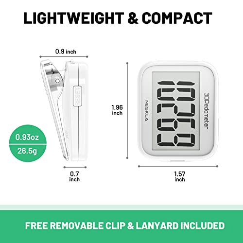 NESKLA 3D Pedometer, Simple Step Counter with Large LCD Display for Walking - color: White