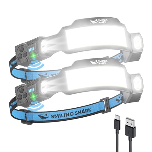Smiling Shark TS-6 Headlamp, Dual Spotlight with 6X Floodlight & Strobe LED Head Torch Rechargeable 2400mAh Long-Lasting for Camping Hiking Running Jogging (2 Pack) - style: 2 PACK