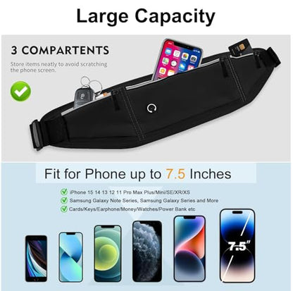 Slim Running Belt Fanny Pack for Men Women, Adjustable Running Phone Holder with 3 Pockets, Reflective Fitness Fanny Pack for Phones up to 7.2 inch, Water Resistant Sports Waist Bag, Black - color: Black