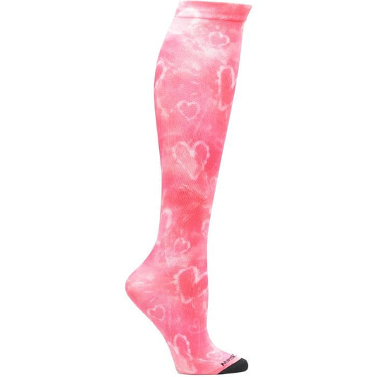 Nurse Mates Women's Wide Calf Socks | 12-14 mmHg Compression | Up to 22" Calf | One Size | 1 Pair - color: Pink Tie Dye Hearts, size: One Size